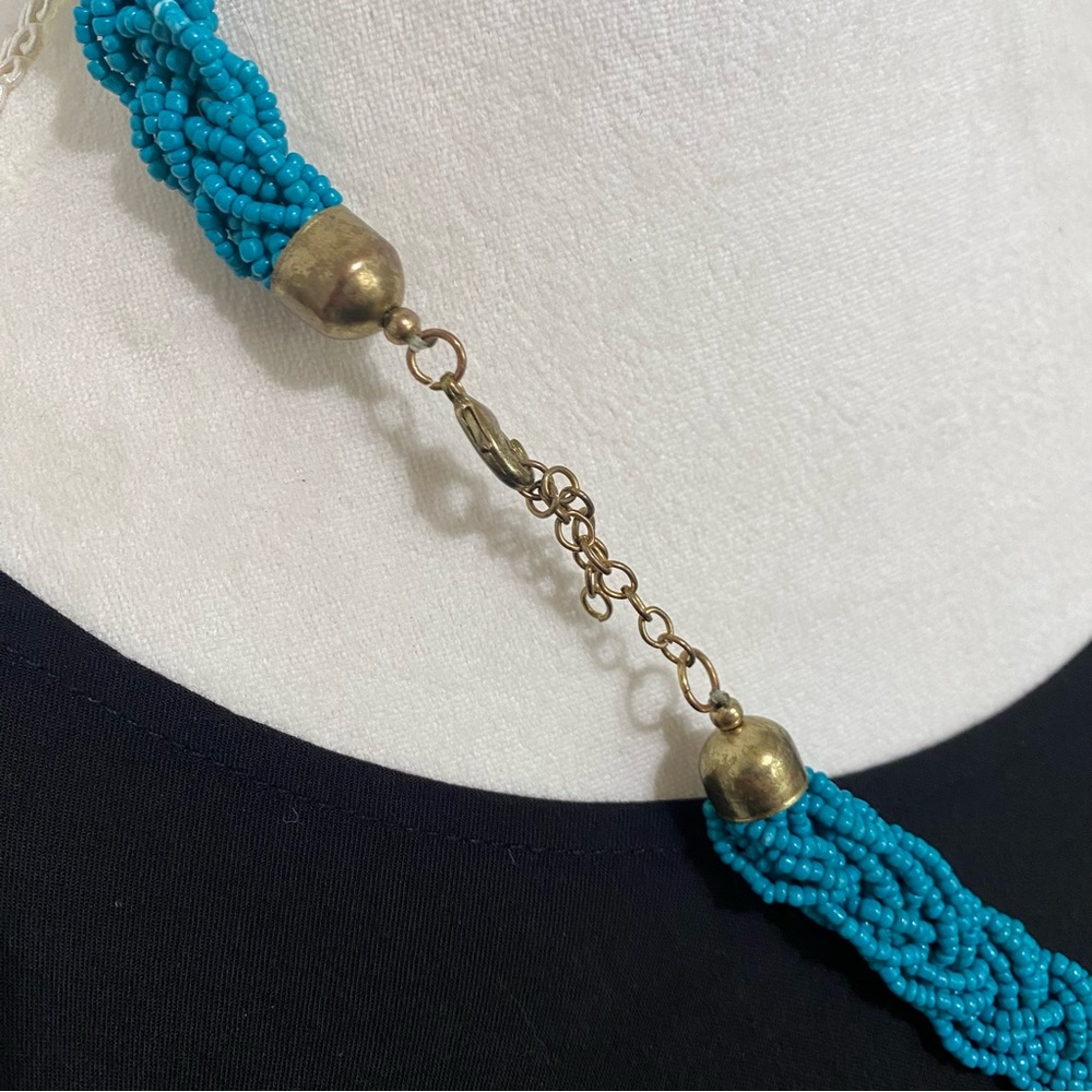80s Teal Seed Beaded Braided Tassel Necklace - Picture 4 of 5